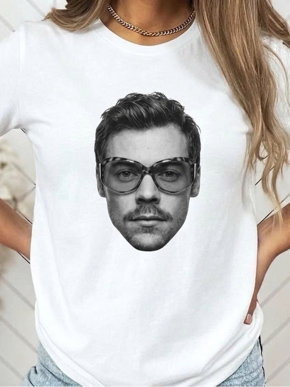 Harry Styles Mustache Sunglasses Graphic Tee White